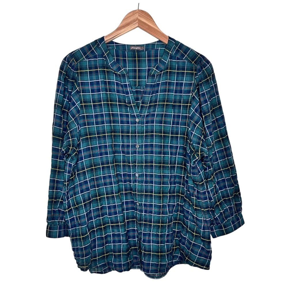 J. McLaughlin Megyn Plaid Cotton Shirt Size Large Crinkled Button Up 3/4 Sleeve